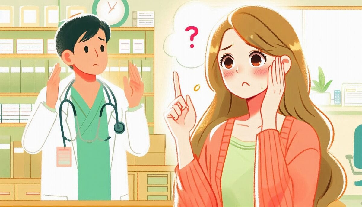 病院で医師の英語が聞き取れずに困っている駐妻の様子