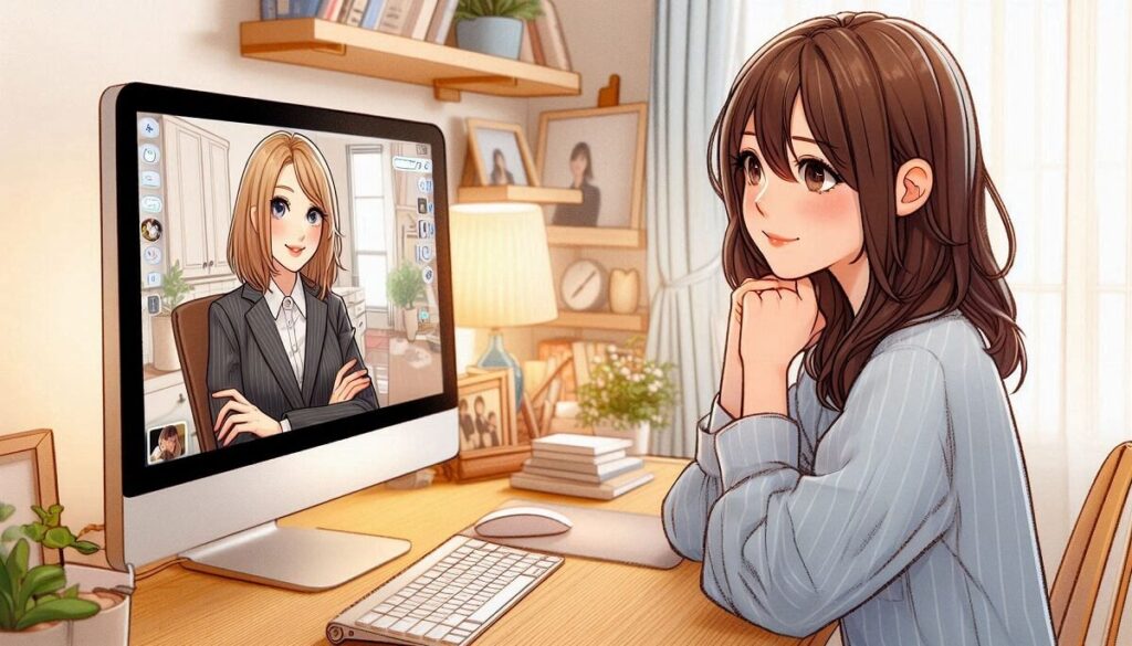 外国人講師とオンライン英会話をする女性