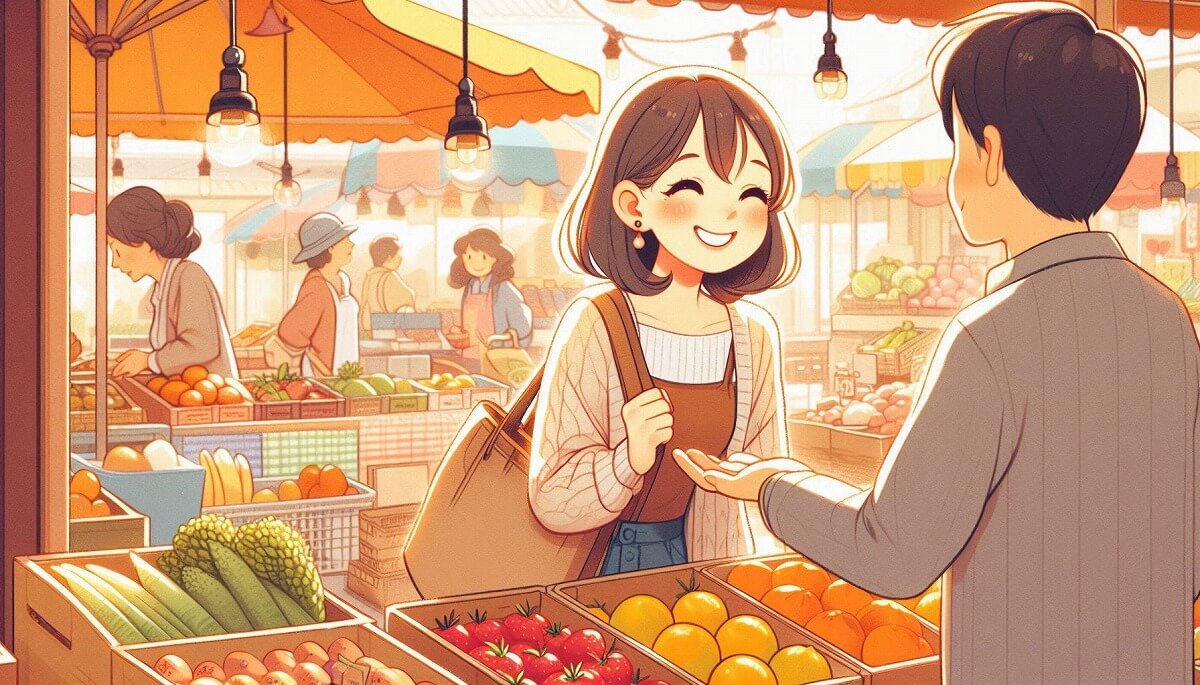 海外のスーパーで英語で買い物をする女性
海外生活で店員と英語で会話しながら買い物する様子
