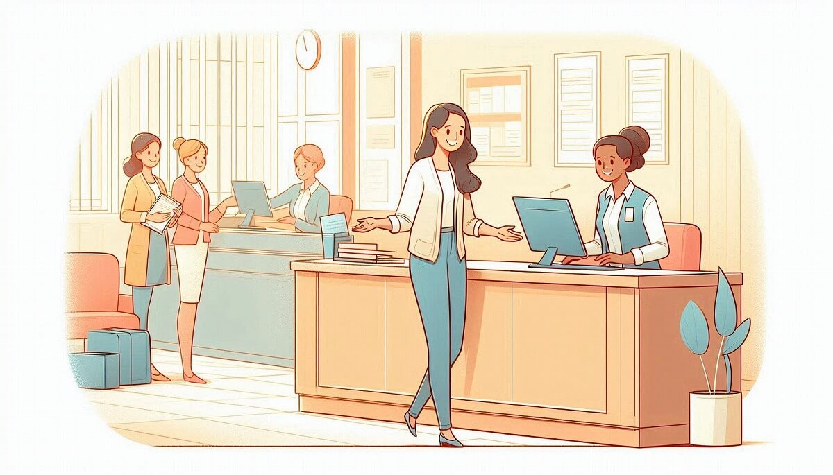 海外赴任先の役所で英語の手続きをする女性
海外の銀行で口座開設の説明を受ける様子