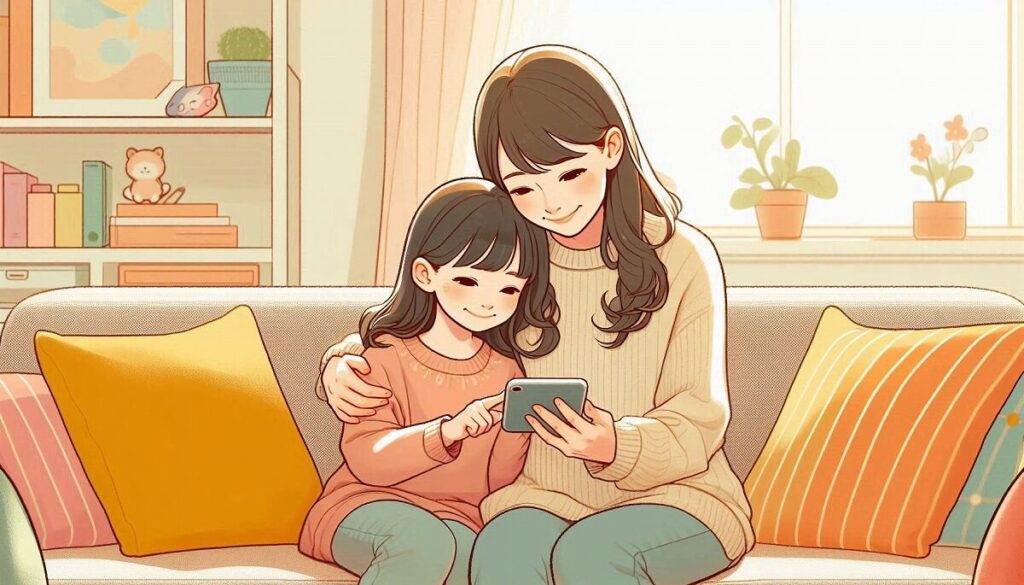 親子でスマホをみながら楽しそうに会話する様子