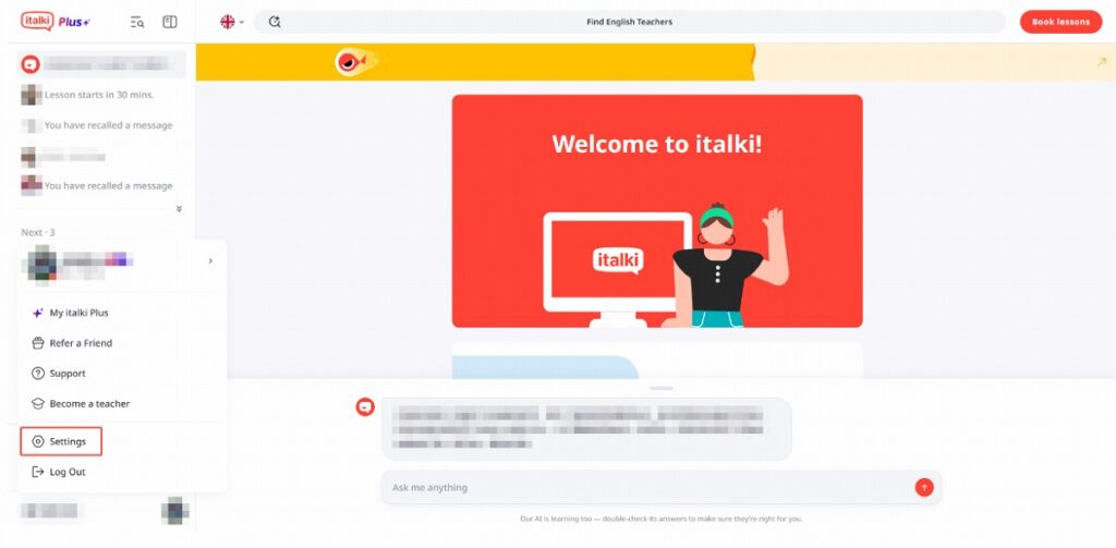 italkiのセッティング画面の出し方