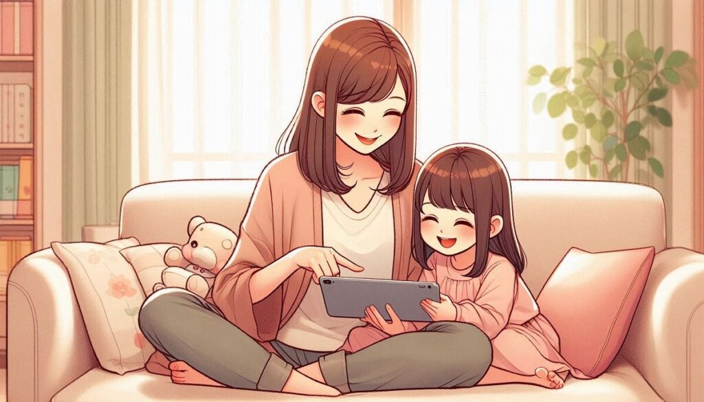 親子でタブレット学習をしている様子