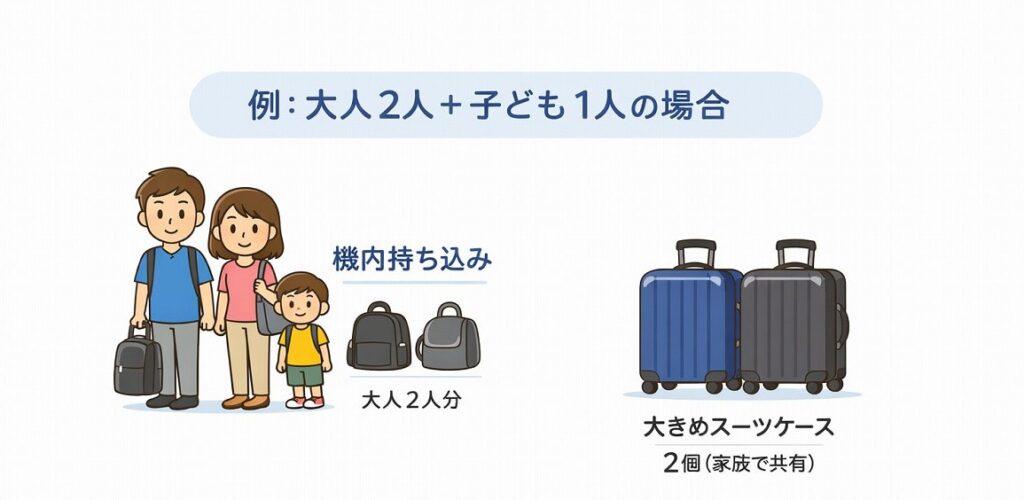 海外家族帯同（3人家族）で持っていくべきスーツケースの例の画像
・スーツケース大2個、機内持ち込み大人2人分