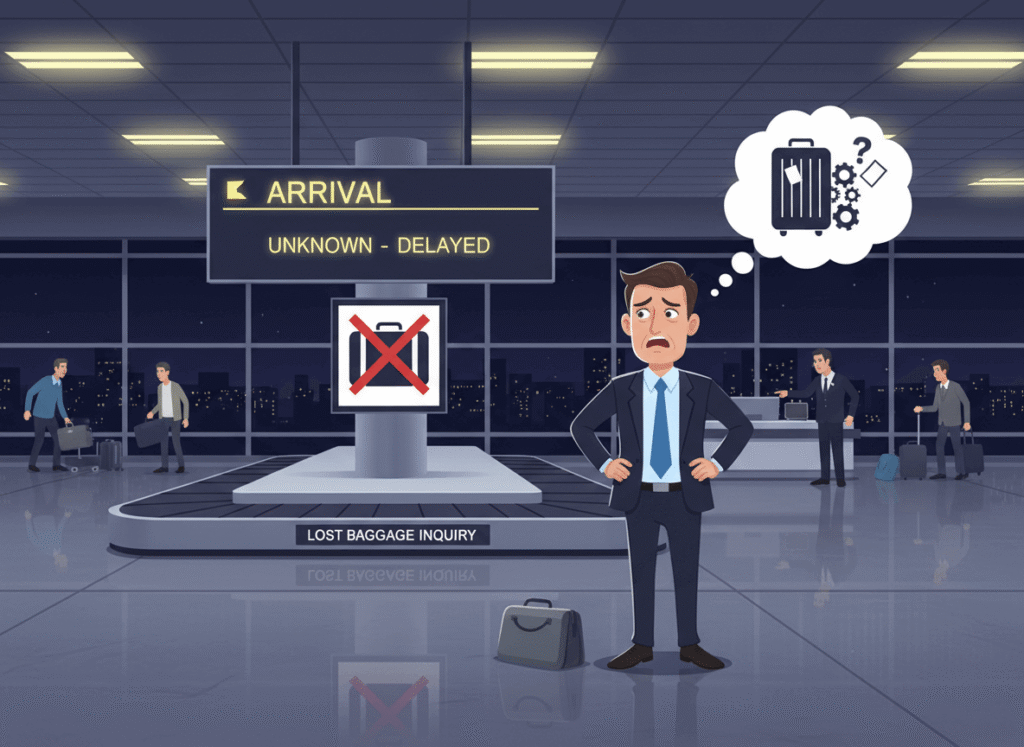 ロストラゲージで預け入れスーツケースが届かなくて困っているサラリーマン