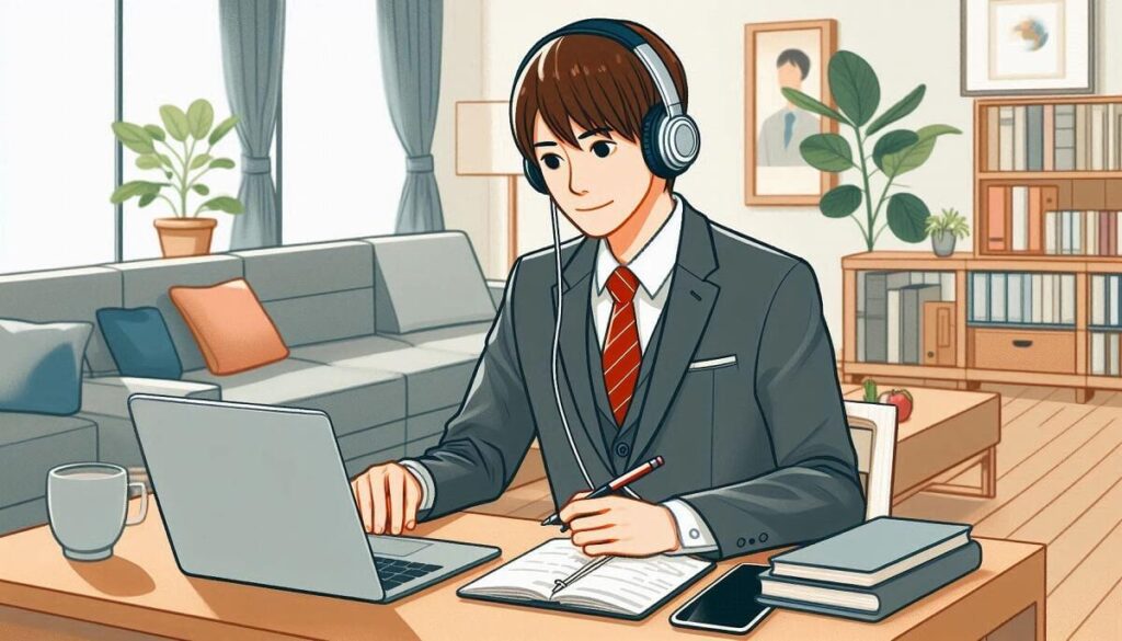 オンラインで英会話をしているサラリーマン