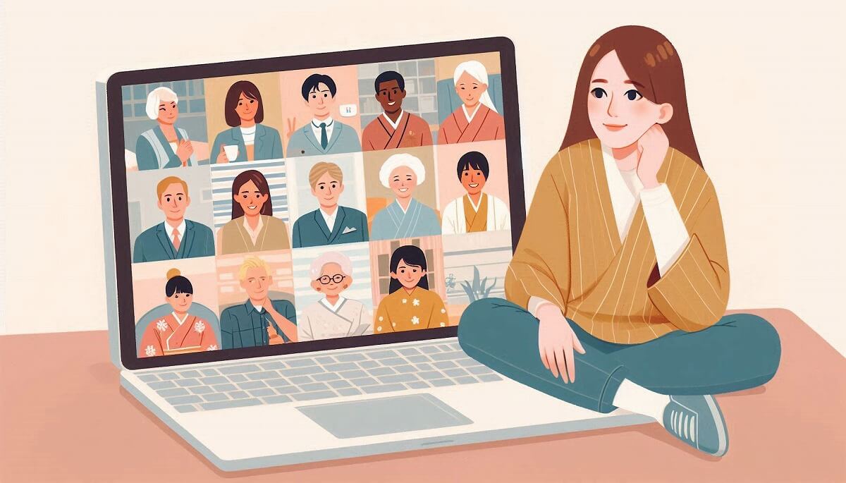 パソコンの画面に各国の外国人講師。日本人女性が講師を選んでいる様子。