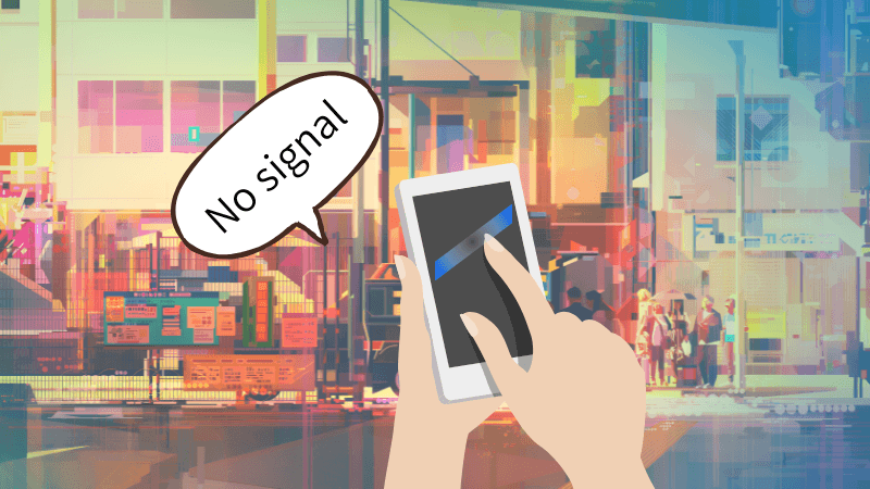 海外でスマホを利用している手。
画面には「No signal（圏外）」