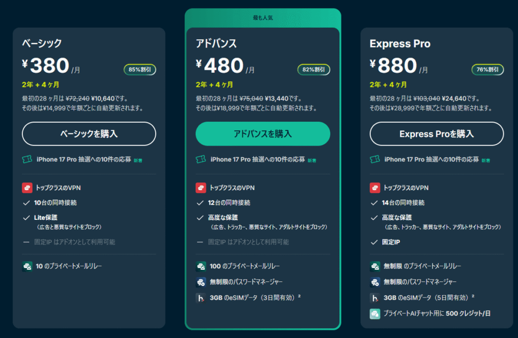 ExpressVPNのプラン選択画面